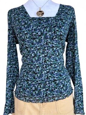 Axcess Liz Claiborne • Y2K Abstract Mosaic Square Neck Mesh Top • Size Large